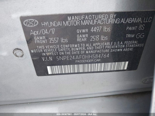 Hyundai Sonata 2017 5NPE24AF0HH584764 Image 9