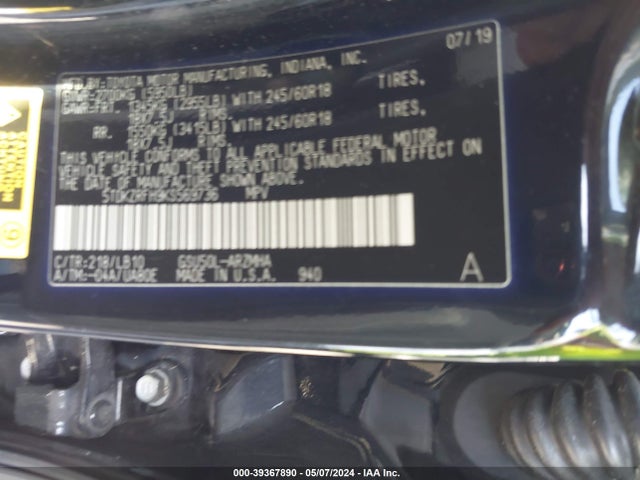 Toyota Highlander Xle 2019 5TDKZRFH9KS569736 Image 9