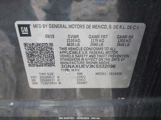 Chevrolet EQUINOX LT 2019 3GNAXUEV3KS532096 Image 9