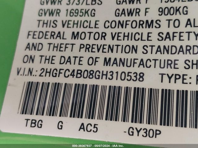 2HGFC4B08GH310538 Honda Civic Lx-p