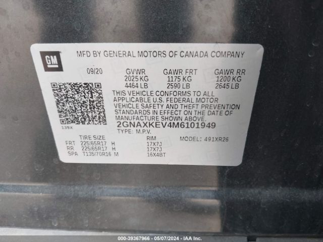2GNAXKEV4M6101949 Chevrolet Equinox Fwd Lt