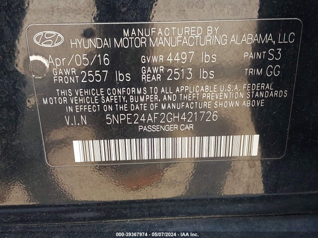 Hyundai SONATA SE 2016 5NPE24AF2GH421726 Image 9