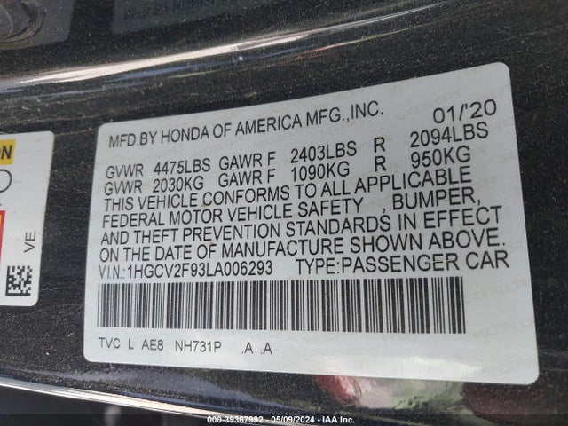 Honda Accord Touring 2020 1HGCV2F93LA006293 Image 9