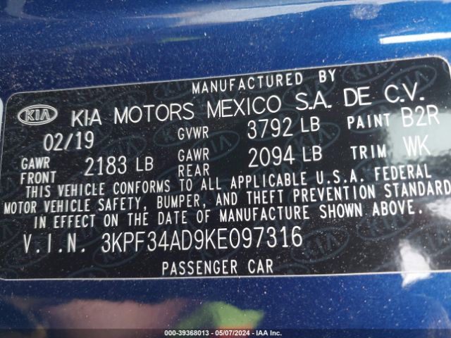 3KPF34AD9KE097316 KIA FORTE S