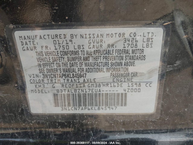 Nissan Versa 1.6 Sv 2019 3N1CN7AP6KL845947 Image 9