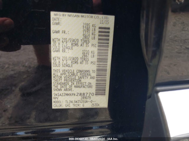 Nissan Murano Platinum 2015 5N1AZ2MHXFN288770 Image 9