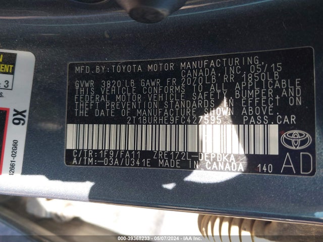 Toyota COROLLA L 2015 2T1BURHE9FC427595 Image 9