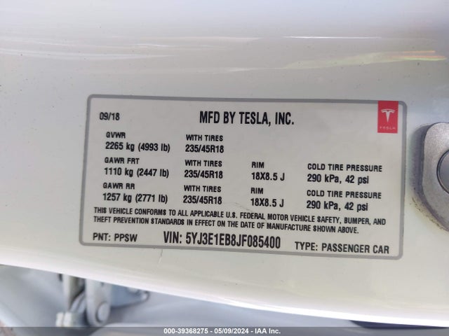Tesla Model 3 Long Range/performance 2018 5YJ3E1EB8JF085400 Image 9