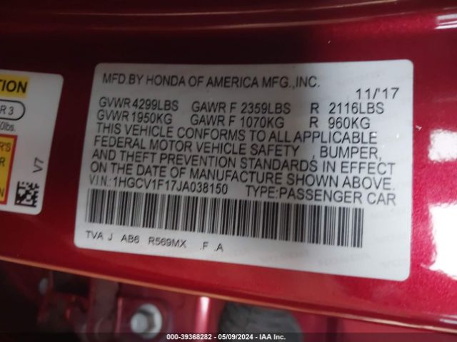 1HGCV1F17JA038150 Honda ACCORD LX