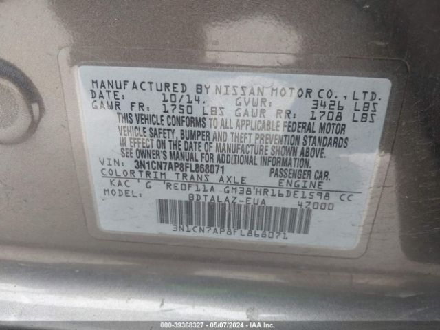 3N1CN7AP8FL868071 Nissan Versa 1.6 S+