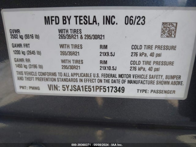 Tesla MODEL S 2023 5YJSA1E51PF517349 Image 22
