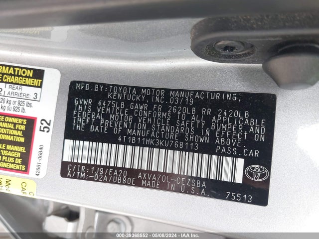 Toyota CAMRY SE 2019 4T1B11HK3KU768113 Image 9