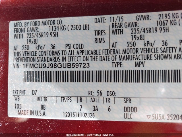Ford Escape Titanium 2016 1FMCU9J98GUB59723 Image 9