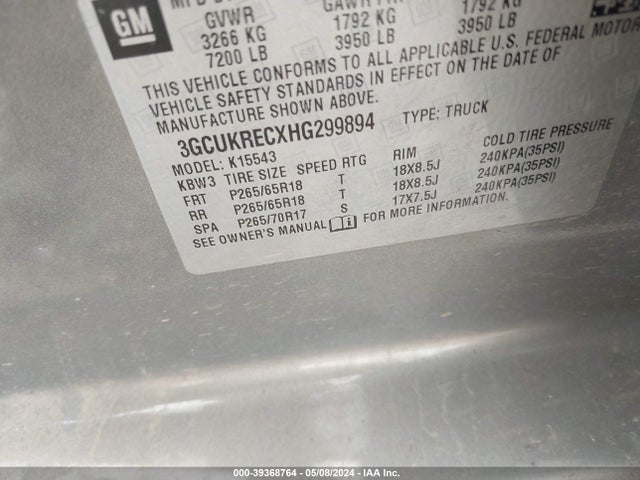 Chevrolet Silverado 1500 2lt 2017 3GCUKRECXHG299894 Image 9