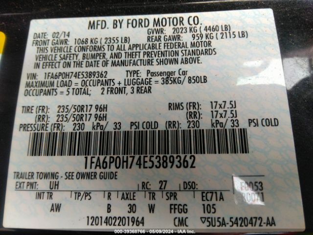 1FA6P0H74E5389362 Ford FUSION SE