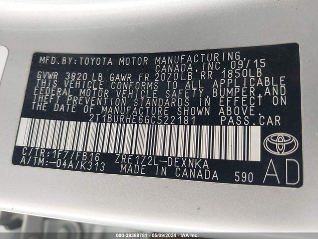 Toyota COROLLA LE 2016 2T1BURHE6GC522181 Image 9