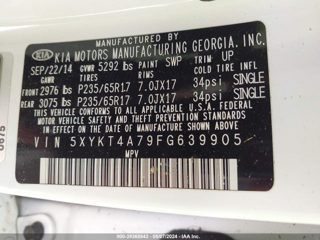KIA Sorento Lx V6 2015 5XYKT4A79FG639905 Image 9