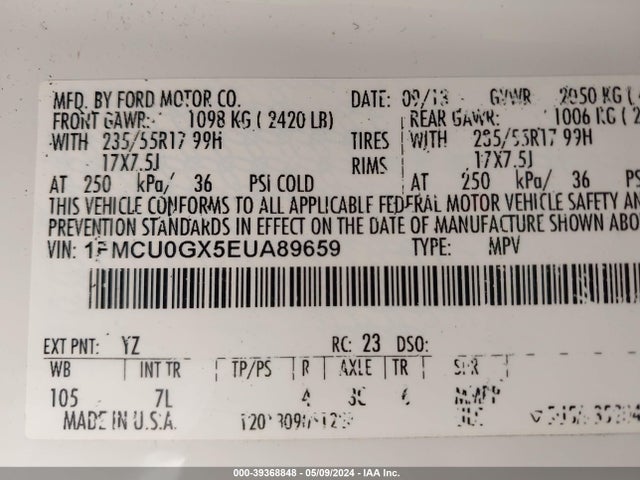 Ford ESCAPE SE 2014 1FMCU0GX5EUA89659 Image 9