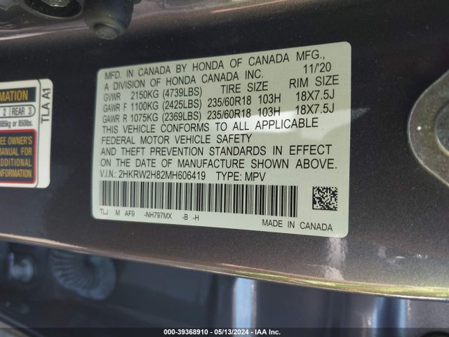Honda Cr-v Awd Ex-l 2021 2HKRW2H82MH606419 Image 9
