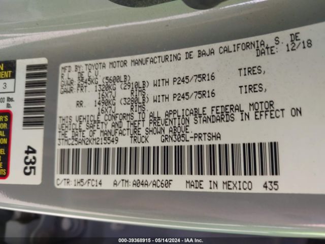 3TMCZ5AN2KM215549 Toyota Tacoma Sr5 V6