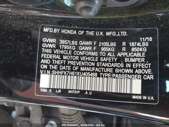 Honda CIVIC EX 2019 SHHFK7H61KU405468 Image 9