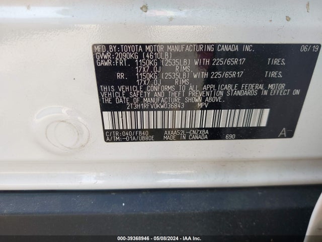 Toyota RAV4 LE 2019 2T3H1RFV0KW036843 Image 9