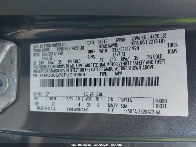 Ford ESCAPE SE 2015 1FMCU0G78FUC10850 Image 9