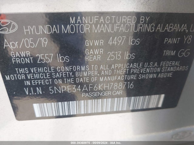 Hyundai SONATA SEL 2019 5NPE34AF6KH788716 Image 9