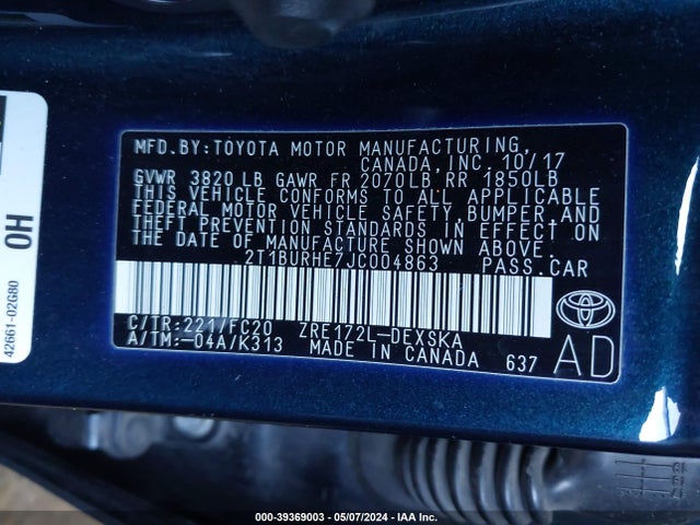 Toyota COROLLA SE 2018 2T1BURHE7JC004863 Image 9