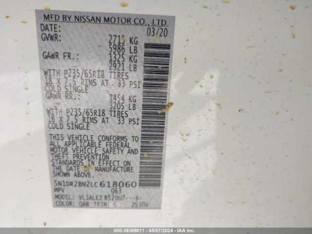 5N1DR2BN2LC618060 Nissan Pathfinder Sv 2wd