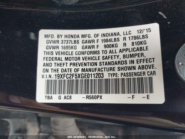 Honda Civic Lx 2016 19XFC2F5XGE011203 Image 9