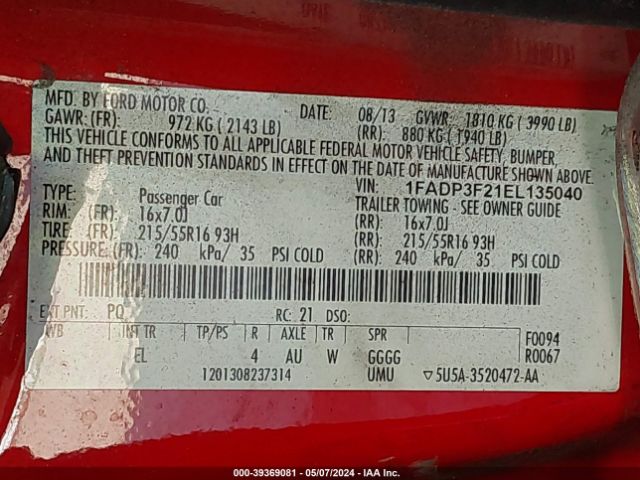 1FADP3F21EL135040 Ford FOCUS SE