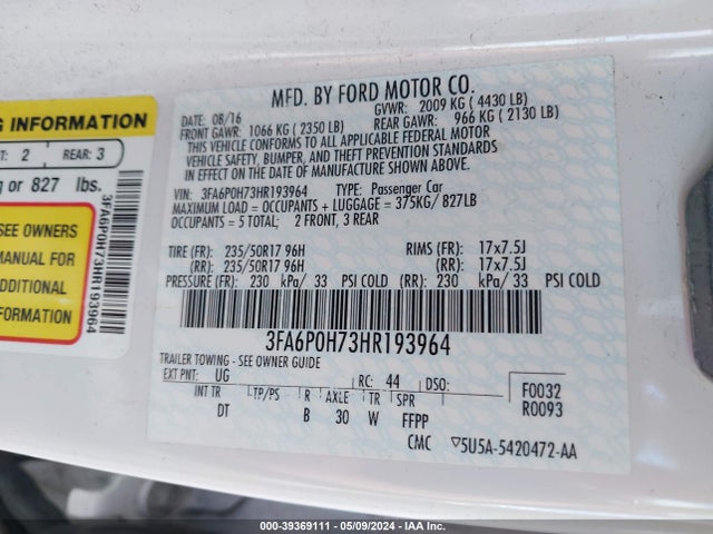 3FA6P0H73HR193964 Ford FUSION SE