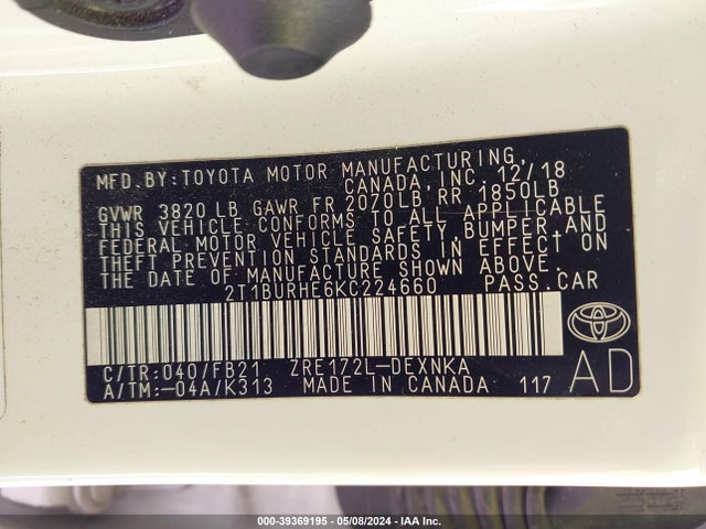 Toyota COROLLA LE 2019 2T1BURHE6KC224660 Image 9