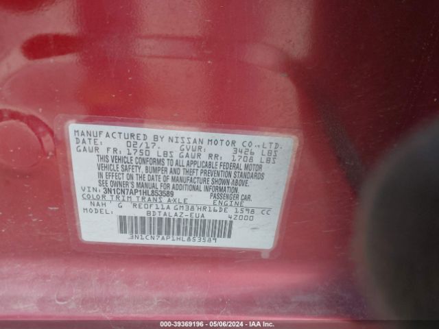 3N1CN7AP1HL853589 Nissan Versa 1.6 S+