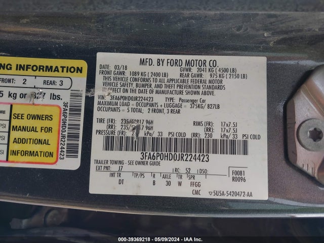 Ford FUSION SE 2018 3FA6P0HD0JR224423 Image 9
