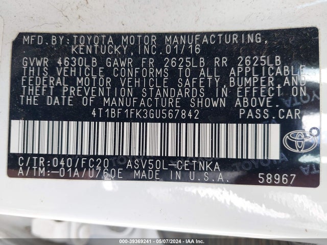 Toyota CAMRY LE 2016 4T1BF1FK3GU567842 Image 9