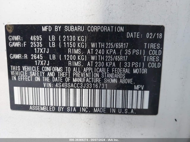 Subaru Outback 2.5i Premium 2018 4S4BSACC3J3316731 Image 9