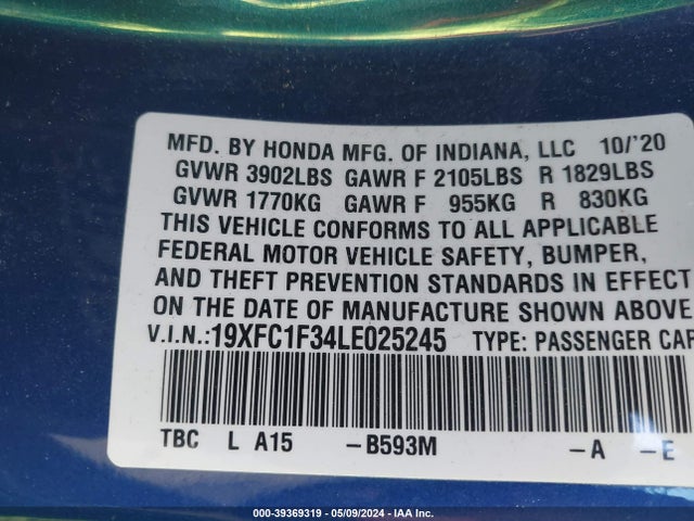 Honda CIVIC EX 2020 19XFC1F34LE025245 Image 9