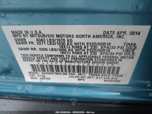 4A4AP3AU1EE026970 Mitsubishi Outlander Sport Es