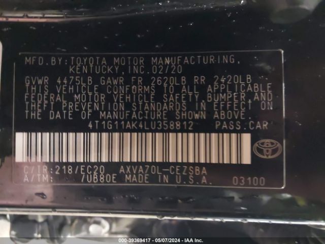 4T1G11AK4LU358812 Toyota Camry Se Nightshade Edition
