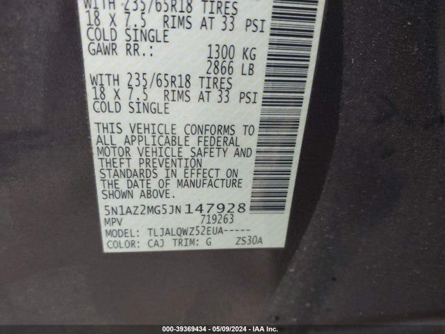 Nissan MURANO SV 2018 5N1AZ2MG5JN147928 Image 9