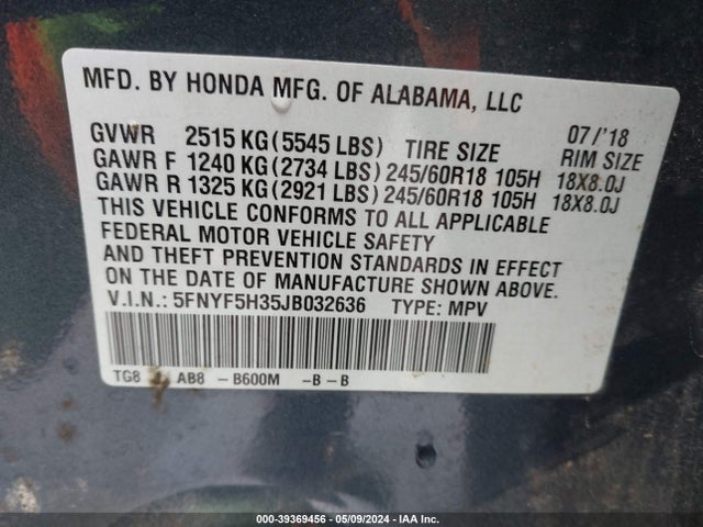 Honda Pilot Ex 2018 5FNYF5H35JB032636 Image 9