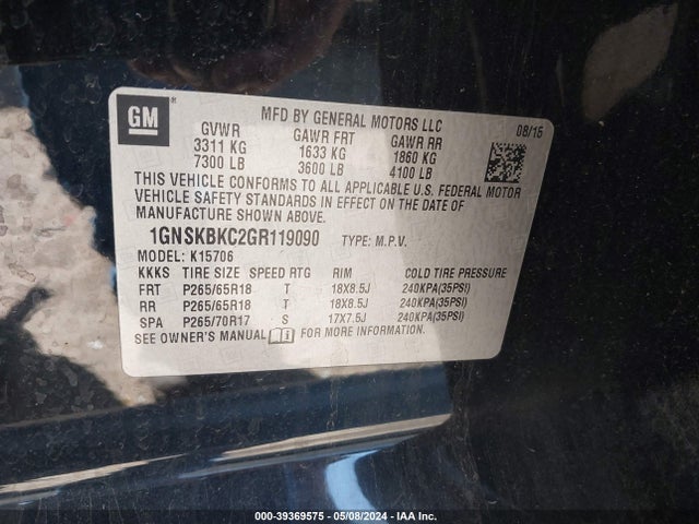 Chevrolet Tahoe Lt 2016 1GNSKBKC2GR119090 Image 9