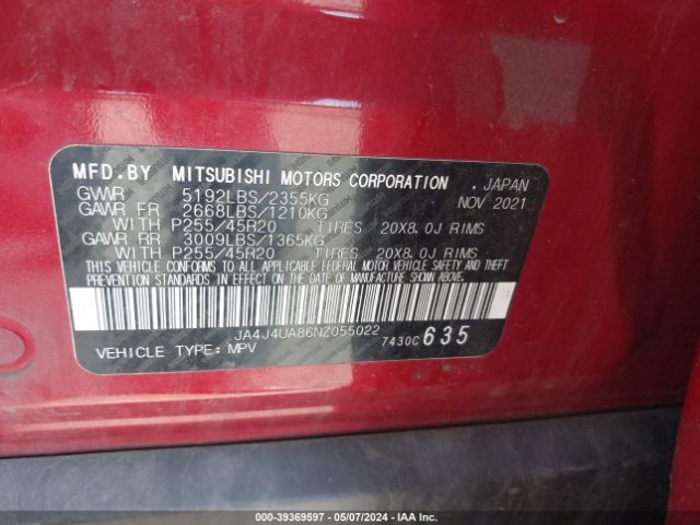 JA4J4UA86NZ055022 Mitsubishi Outlander Black Edition S-awc/se 2.5 S-awc/se Launch Edition S-awc