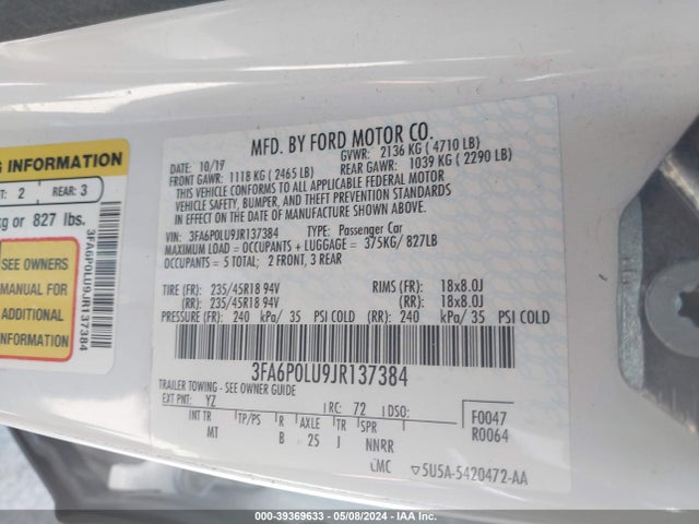 Ford Fusion Hybrid Se 2018 3FA6P0LU9JR137384 Image 9