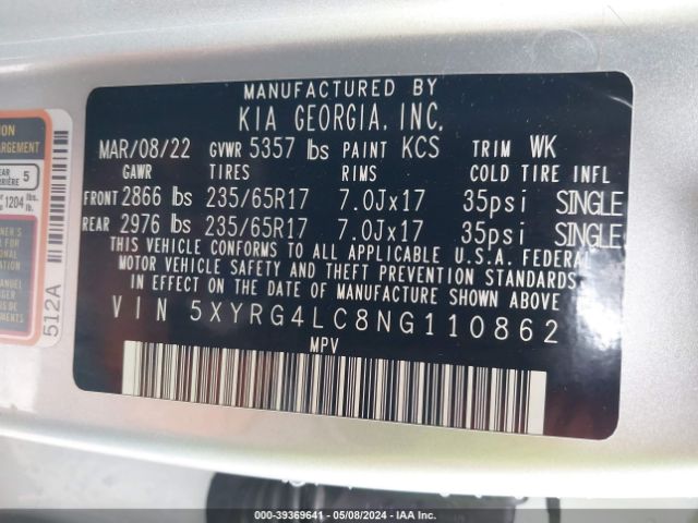 5XYRG4LC8NG110862 KIA SORENTO LX