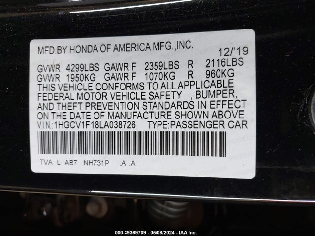 Honda ACCORD LX 2020 1HGCV1F18LA038726 Image 9