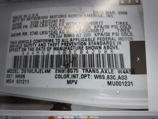 2008 MITSUBISHI ENDEAVOR 4A4MN21S68E042906 Photo 8