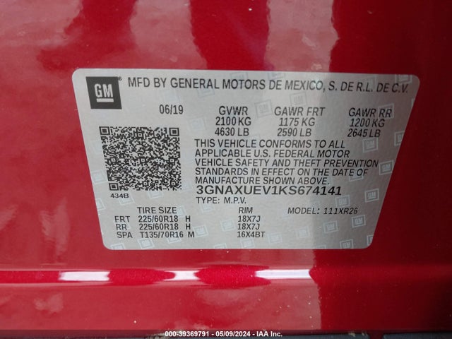Chevrolet EQUINOX LT 2019 3GNAXUEV1KS674141 Image 9